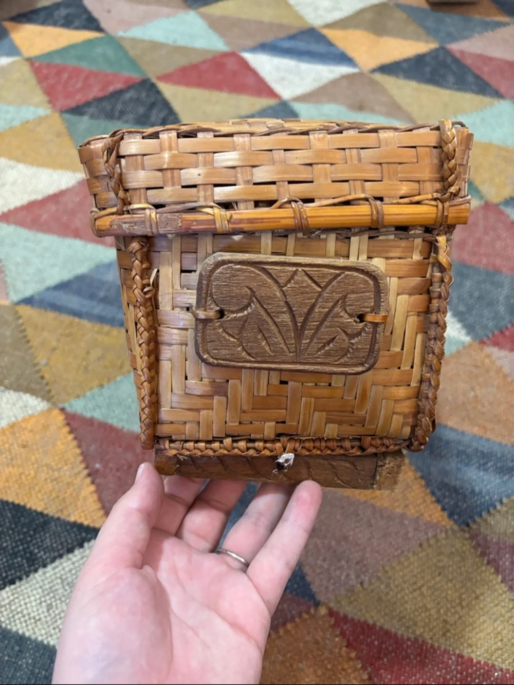 Woven Rattan Basket in Natural Tan With Wood Accents Boho Rustic